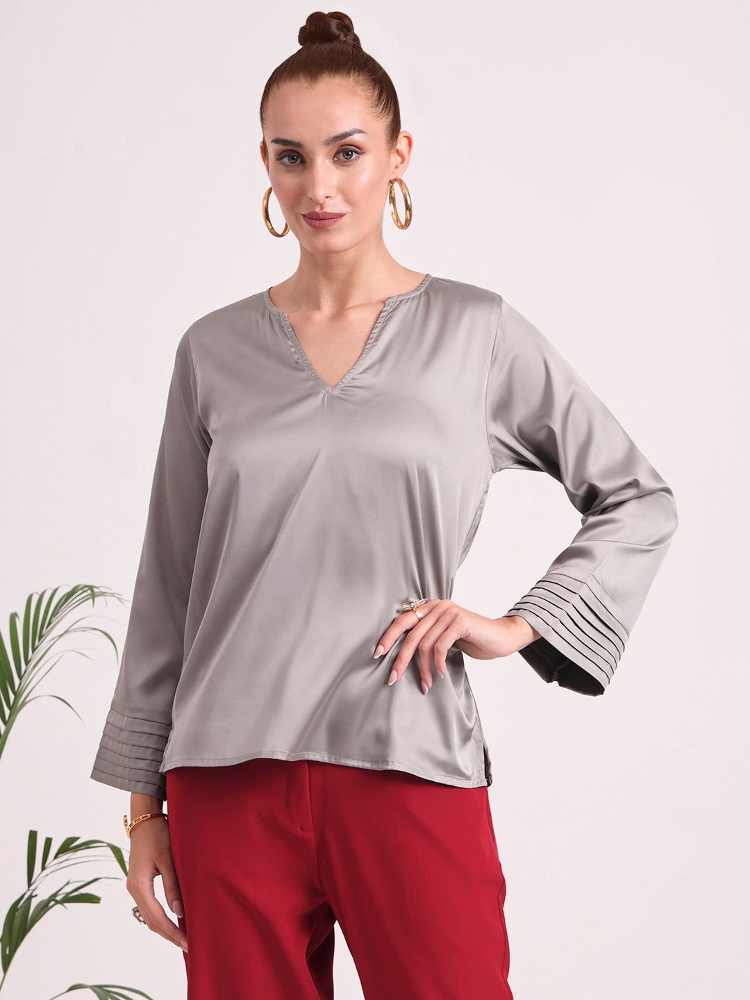 Women's European Satin V Neck Long Sleeve Top-M