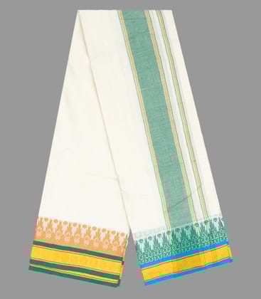 Cream 10 x 6 Cotton Dhoti with Blue And Orange Temple Border-CD1443-Cream