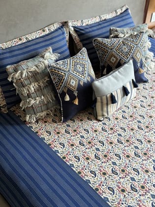 KRI India The Minimalist Ikkat Royal Blue Bedsheet Set | Multicoloured print with royal blue side panels  | 100x100 inches  | Wash & Care | 100% Cotton | Handcrafted in India. 100% organic & natural.