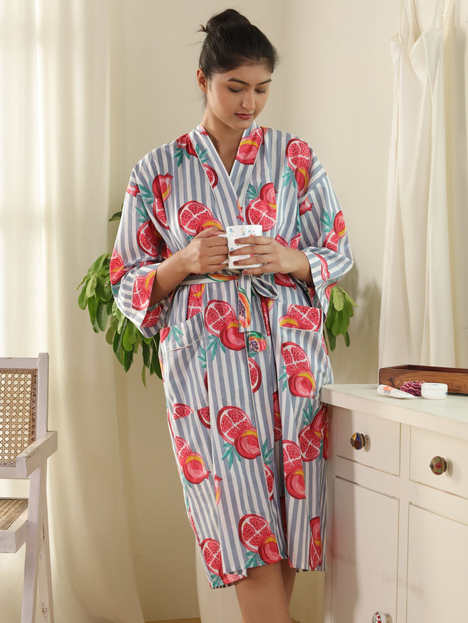 Cotton Kimono Handblock Printed Unisex Bathrobe - Free Size