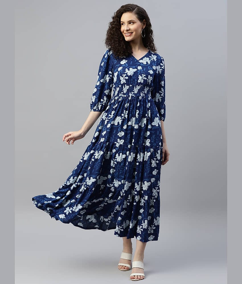 Femvy Polyester Printed Midi Women's Fit & Flare Dress - Blue ( Pack of 1 )