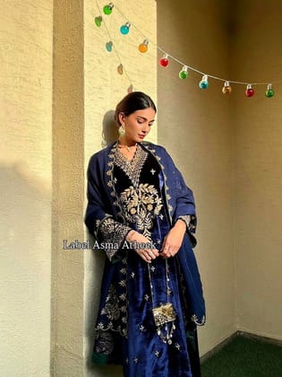 Shiv Textiles Women's Royal Blue Velvet Anarkali Suit Set with Dupatta Size M Heavy Sequence Embroidery Work Party Wear Ethnic Ensemble Premium Winter Fashion Traditional Indian Outfit Ready to Wear