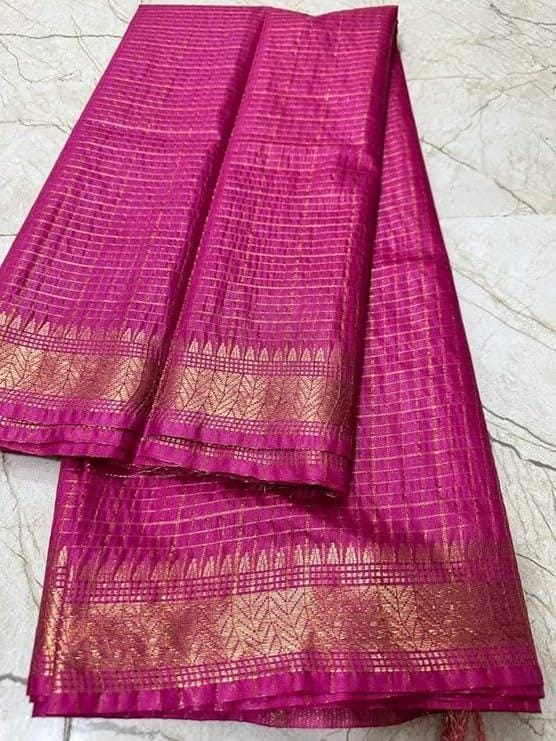 Women's Bhagalpuri Handwoven Mini Checks Semi Tussar Soft Silk Saree With Designer Zari Border Weaving