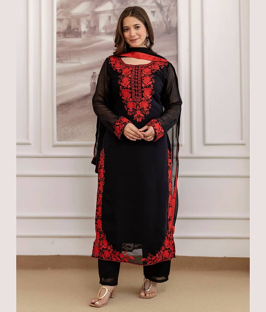 Niza Fashion Women Georgette Embroidered Straight Kurti With Pants ( Black )
