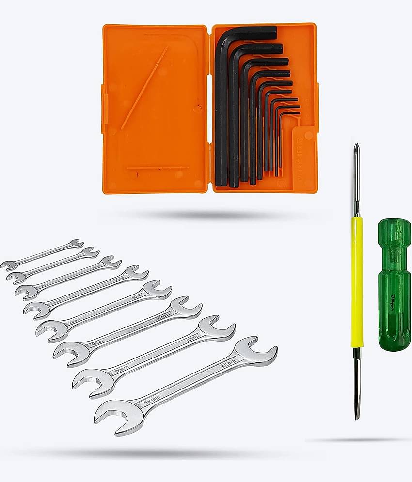 Aldeco Hand Tool Kit- Heave Duty 8Pcs Spanner Set, 9Pcs Allen Key Set & 2in1 Screw Driver. Combination Hand Tools for Domestic & Industrial Purpose.