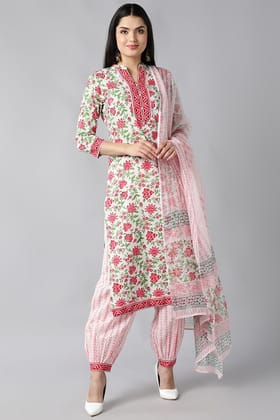 White Pink Printed Cotton Kurta with Salwar and Dupatta – Ahika VKSKD1216