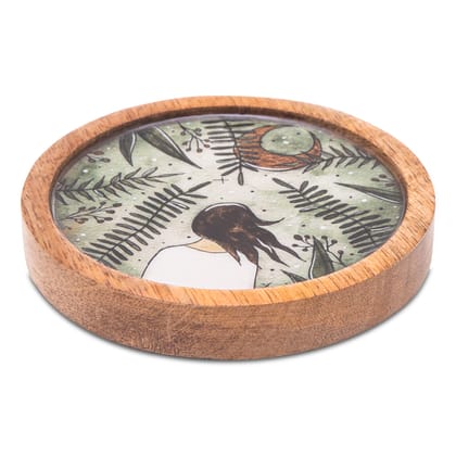 Wooden Round Coasters with Green Girl Print Design Set of 2 Wooden Round Coasters with Green Girl Print Design Set of 2