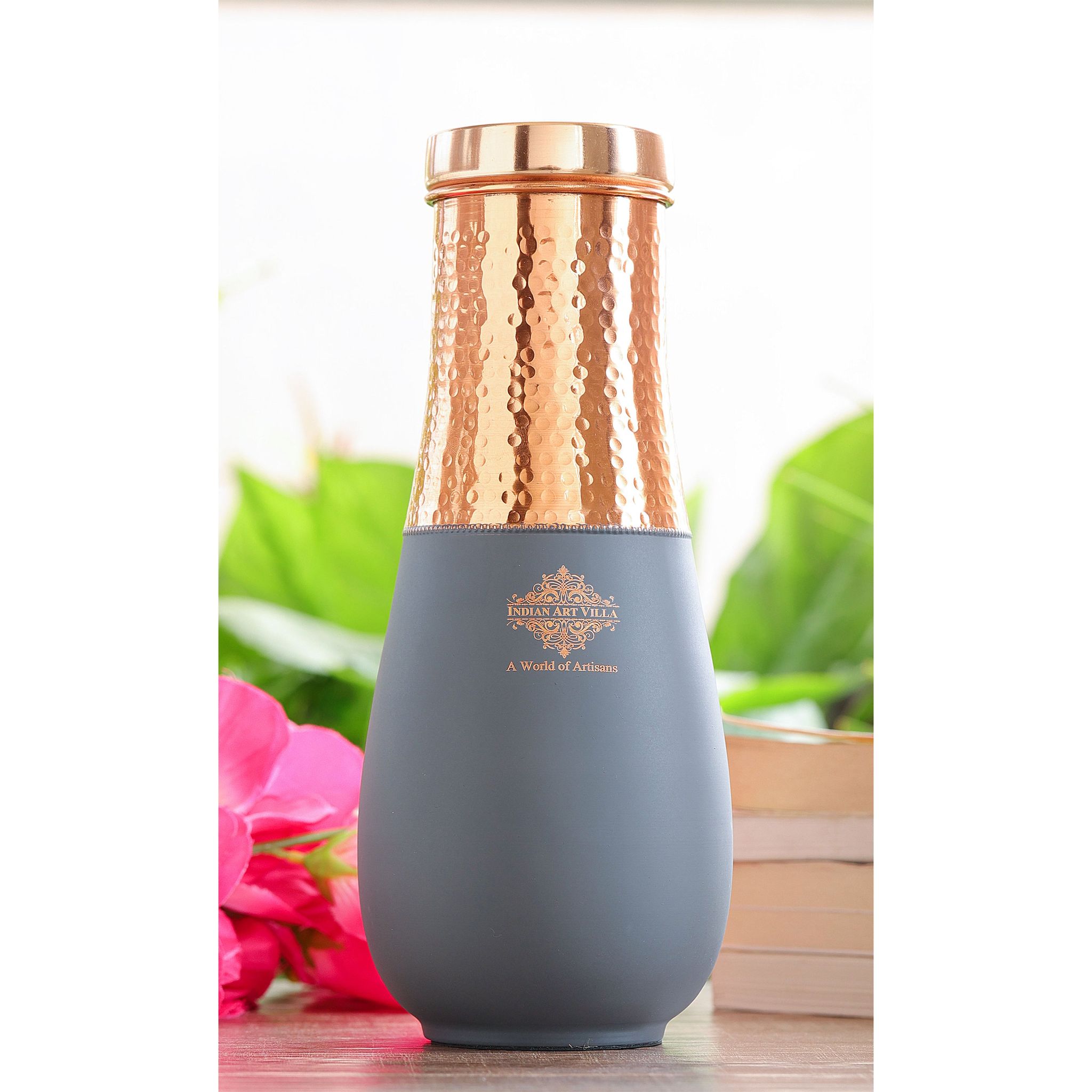 Pure Copper Half Hammered and Silk Finish Vase Shape Bedroom Bottle-Grey