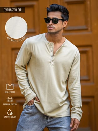 Waffle Beige Henley Full Sleeve Tshirt-S