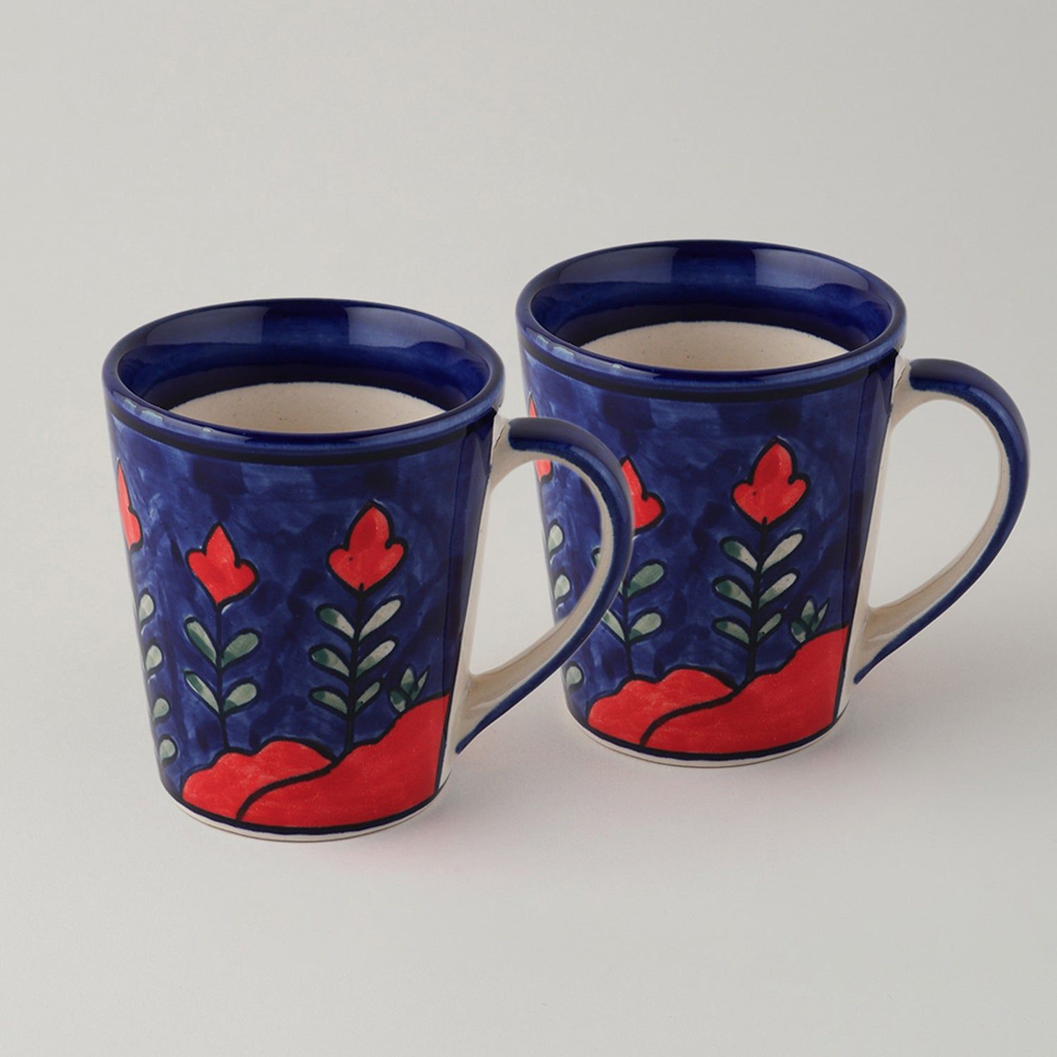 Mountain Landscape Ceramic Coffee Mug - Set of 2 (Large)-3.5 inches (Upper diameter) x 2.75 inches (Base diameter) x 4 inches (Height) / Blue / Red / Ceramic