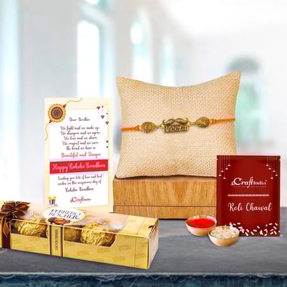 Designer Veera Rakhi with Ferrero Rocher (4 pcs) and Roli Chawal Pack, Best Wishes Greeting Card