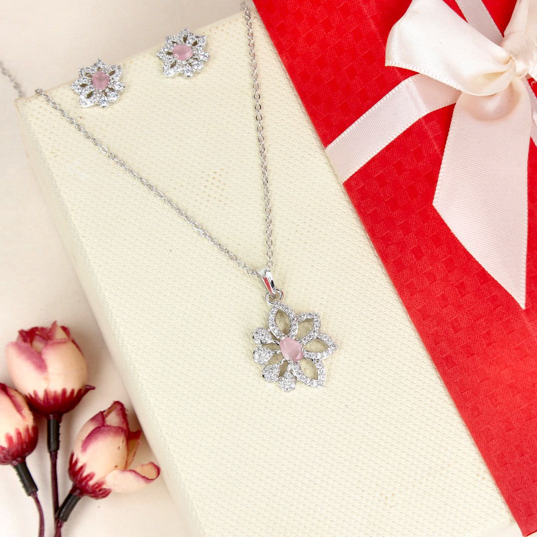 Sparkling Elegance Floral Pink Stone Pendant Set - SIA446789_A