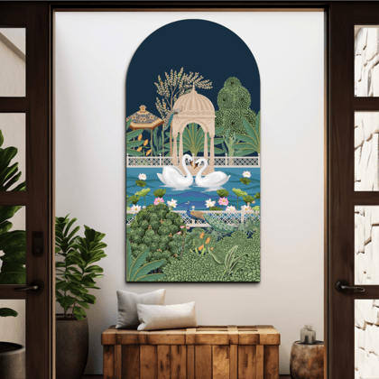 Swan Couple Arch Shape Luxurious Wood Print Wall Art-Birchwood