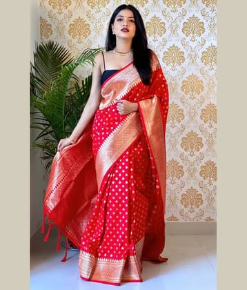 NENCY FASHIONS Kanjivaram Silk Woven Saree With Unstitched Blouse Piece ( Red )