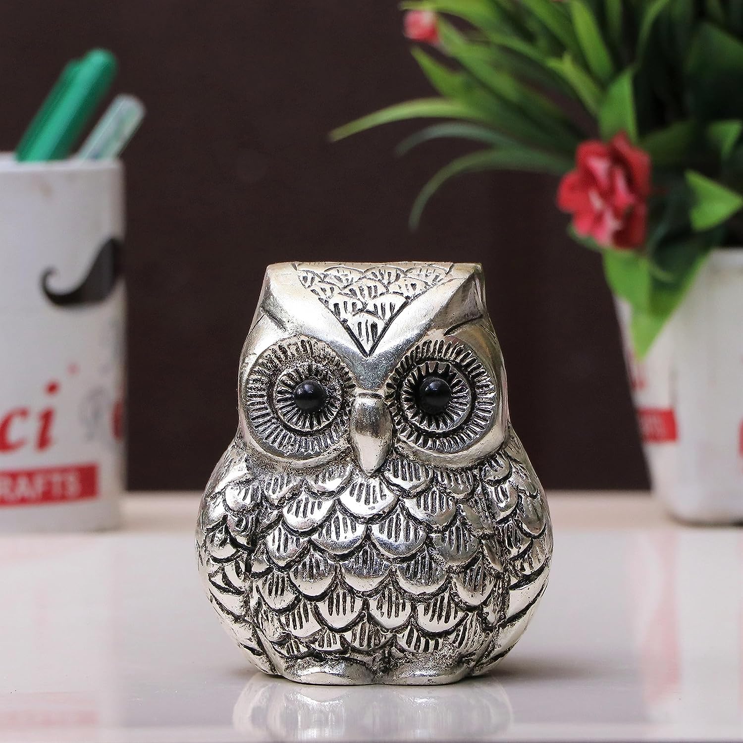 DreamKraft Vintage Metal Owl Showpiece and Paper Weight - Handcrafted Home Decor and Office Idol (Silver)