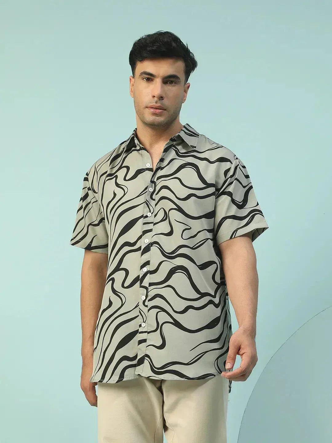 Alpha Green Swril Print Collared Short Sleeve Men Oversized Shirt