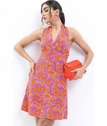 Ketch Women Polyester Printed Fit & Flare Dress ( Pink )