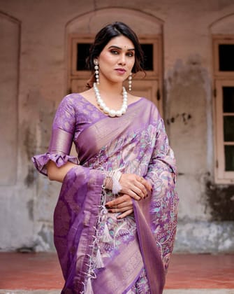 Lavender Banarasi Silk Saree with Intricate Zari Weaving, Tassel Accents, and Designer Floral Pallu-Regular