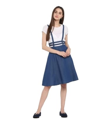 Women's Denim Solid Shoulder Straps Below Knee Dress (Blue, L)-PID55741 Women's Denim Solid Shoulder Straps Below Knee Dress (Blue, L)-PID55741