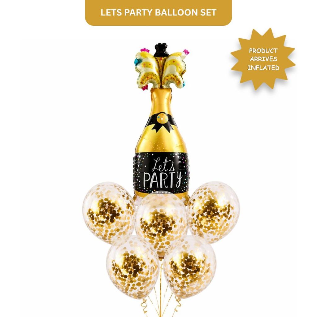Let’s Party Champagne Glass Helium Balloon Set of 6 (1 Supershape Champagne + 5 Gold Confetti Balloons) | Pre-Inflated & Delivered | Celebration Decoration - Party and Festive Needs | Buy online on ZillyBuy