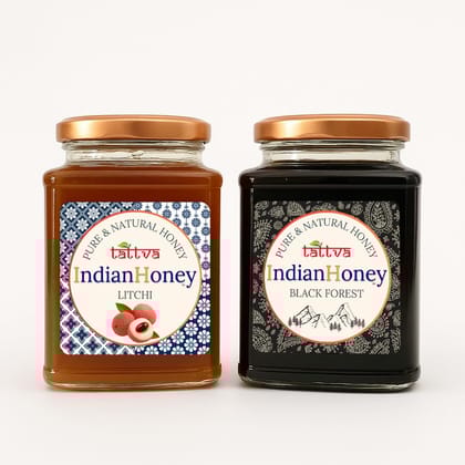IndianHoney Black Forest with Litchi Honey Combo (Pack of 2) | Pure & Natural | 1kg (500g Each) | Unprocessed & Unfiltered Natural Sweetener
