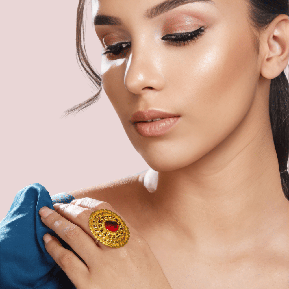 Elegant Gold-Plated Statement Ring with Red Gemstone - Jewellery Sets | Buy online on ZillyBuy