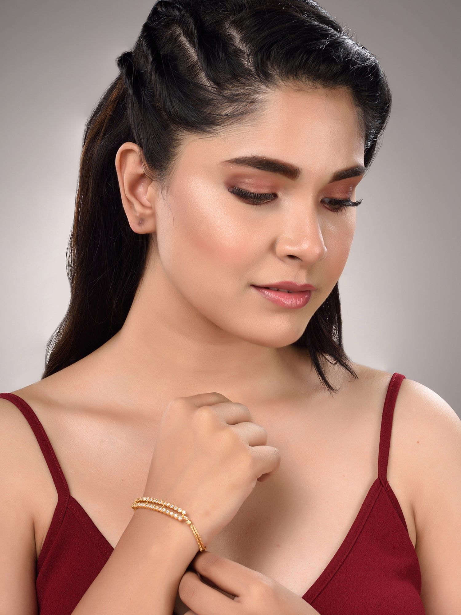 Gold Toned & White AD Studded Wraparound Adjustable Bracelet