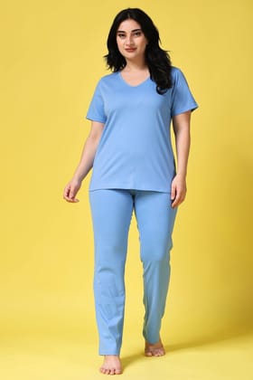 Cotton Solid Pyjama Night Suit Set-Pastel Blue-L / L / Pastel Blue