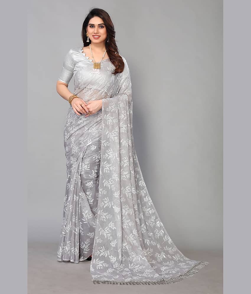 FABMORA Chiffon Printed Saree With Unstitched Blouse Piece ( Grey )