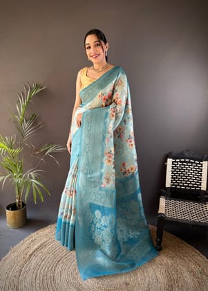 Light Blue Soft Silk Floral Motifs Zari Weaving Work Banarasi Saree