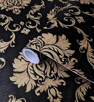 Eurotex Damask Design Wallpaper 17.71 X 118 Self-Adhesive Removable Peel and Stick Decorative Wall Covering (PVC, Size 45cm X 3Mtr Roll 14.5 Sqft, Black Gold Color)