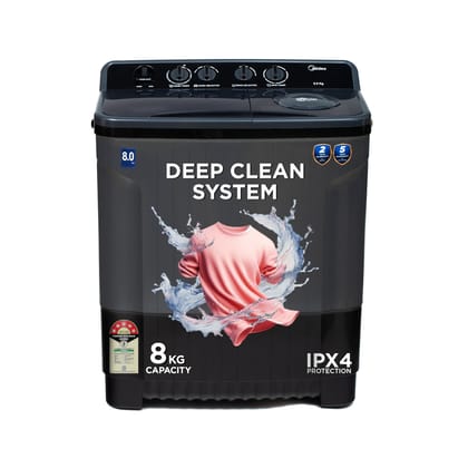 Midea 8 Kg 5 Star Semi Automatic Top-Load Washing Machine Black Grey (MWMSA080PPG(KG), Rat Away Feature, Air Jet Dry IPX4 Protection) Midea 8 Kg 5 Star Semi Automatic Top-Load Washing Machine Black Grey (MWMSA080PPG(KG), Rat Away Feature, Air Jet Dry IPX