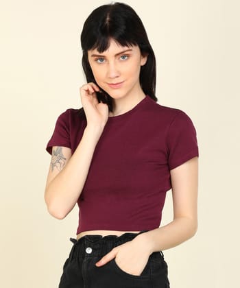 Womens Half Sleeve Crop Rib Top-S / Maroon