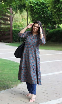 Cotton Blue Ajrakh Print Kali Kurta-XS
