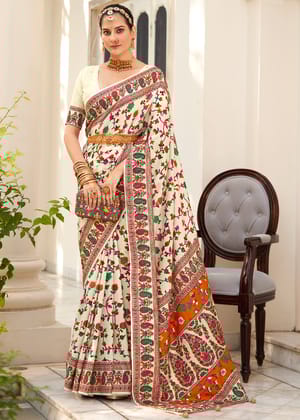Off White Woven Kashmiri Jamewar Silk Saree