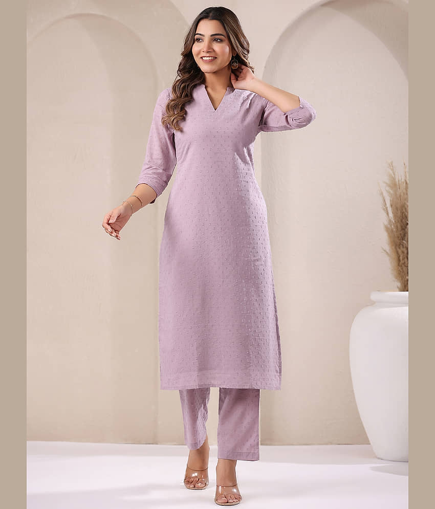 Janasya Cotton Self Design Kurti With Pants Women's Stitched Salwar Suit - Lavender ( Pack of 1 )