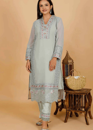 Sufiana Sea Grey Embroidered Kurta Pant Set for Women - Premium Georgette 3 Piece Suit