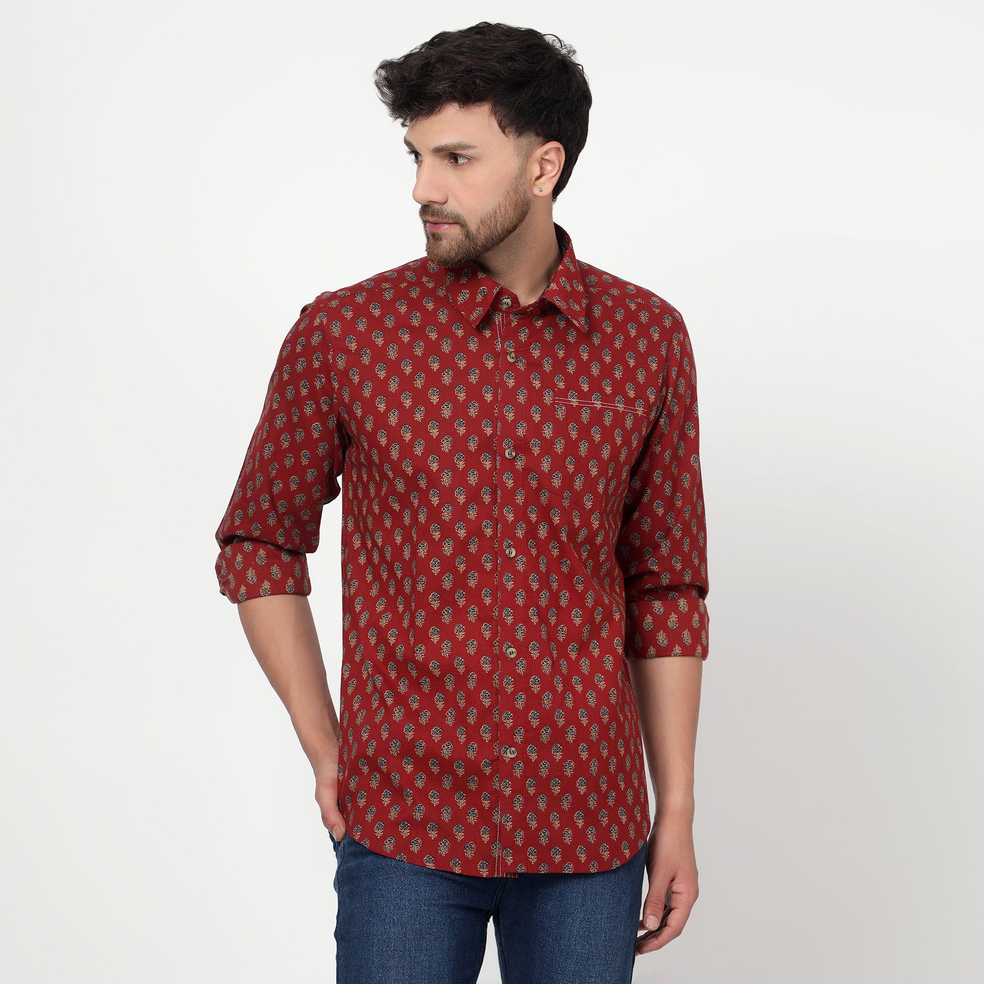 maroon Cotton printed full sleeves shirt-L