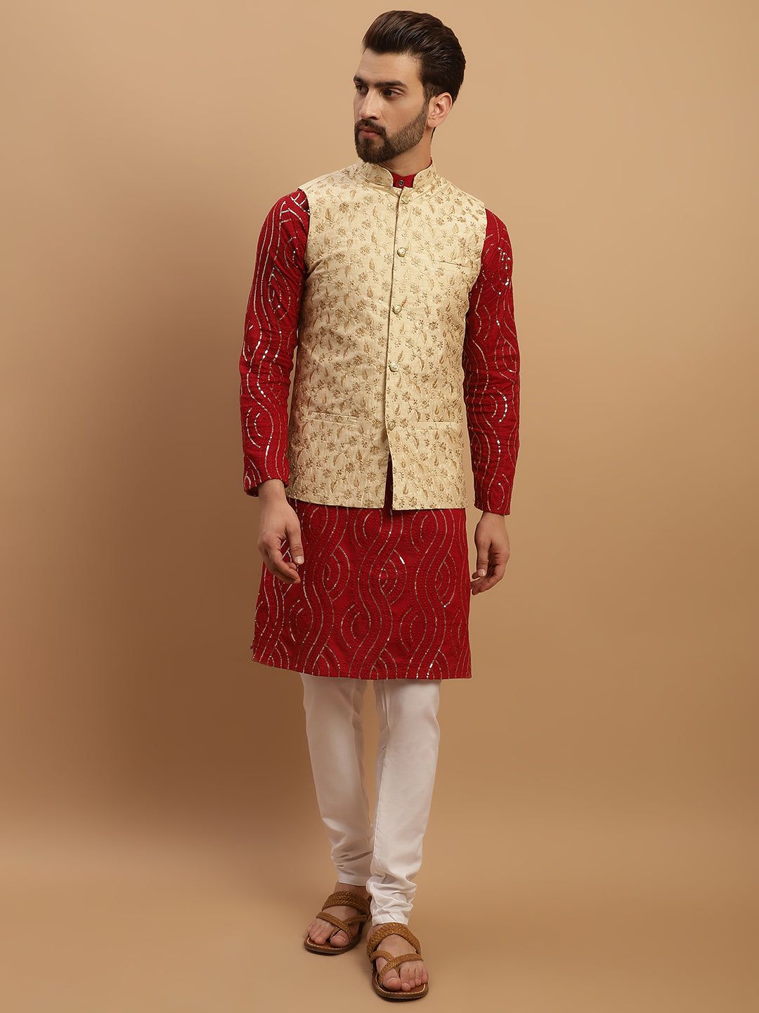 Sojanya Men's Pure Cotton Maroon Kurta and White Pyjama With Beige Nehru Jacket Set-38