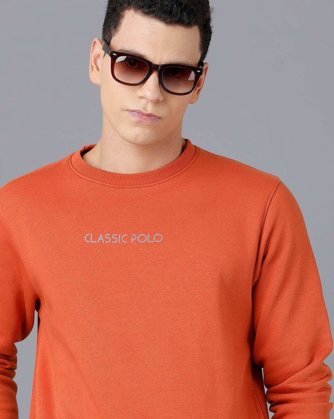 Classic Polo Mens Cotton Blend Full Sleeve Solid Slim Fit Orange Color Round Neck Sweat Shirt | Cpss - 414 J