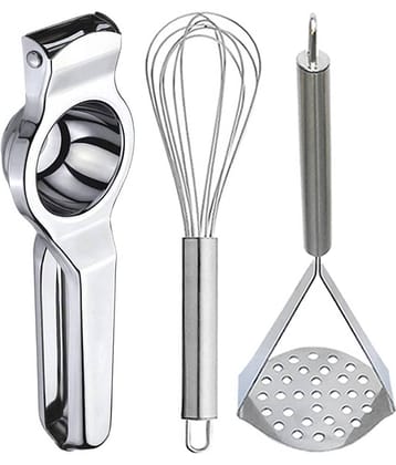JISUN - Silver Stainless Steel Lemon Squeezer & Egg Whisk & Potato Masher ( Set of 3 )