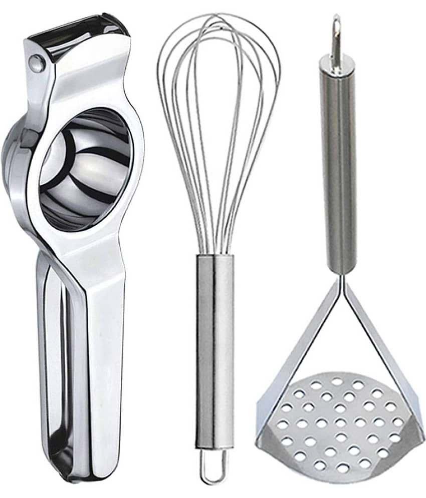 JISUN - Silver Stainless Steel Lemon Squeezer & Egg Whisk & Potato Masher ( Set of 3 )