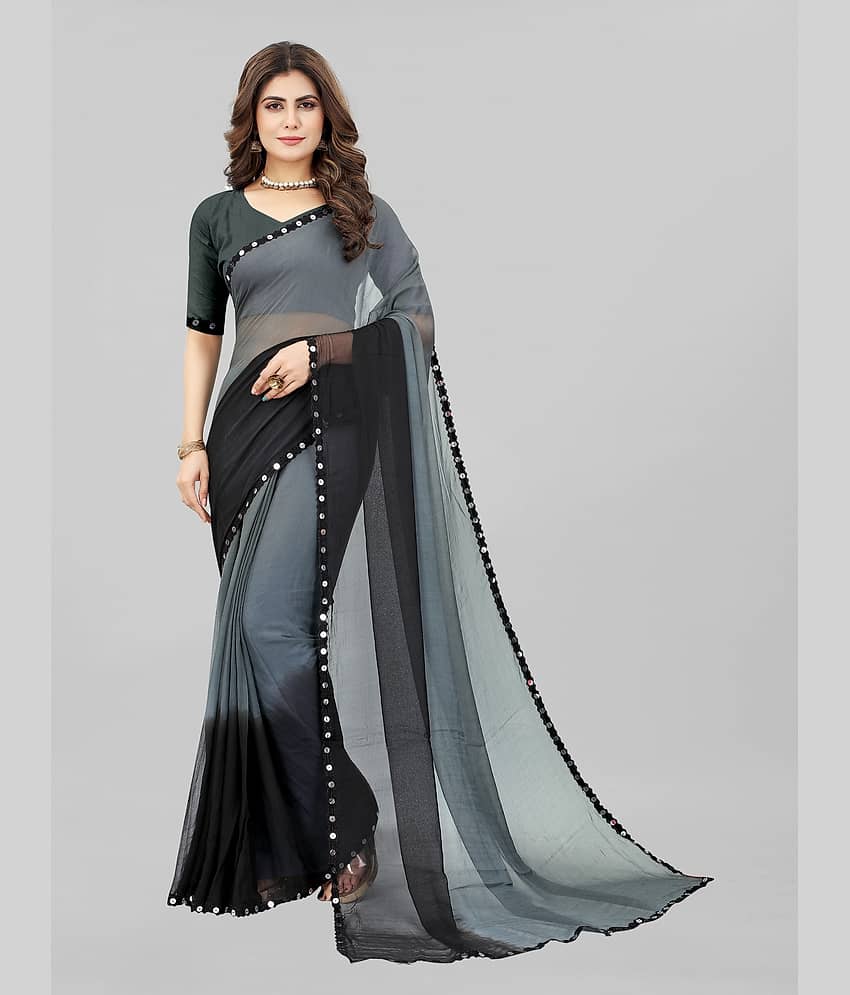KV Fashion Chiffon Dyed Saree With Unstitched Blouse Piece ( Black )