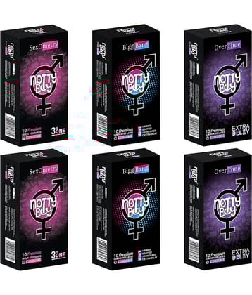 NottyBoy Pleasure Pack 4 IN 1 & 3 IN 1, Ribbed, Dotted, Contour, Extra Delay and Prolong Effect Condoms - 60 Units