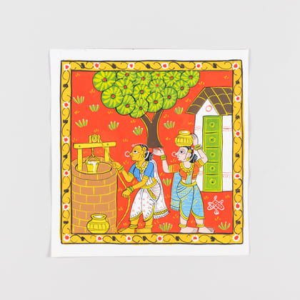 Cheriyal Painting Women At the Water Well 11.5x11.5-Red / Canvas / 11.5 x 11.5