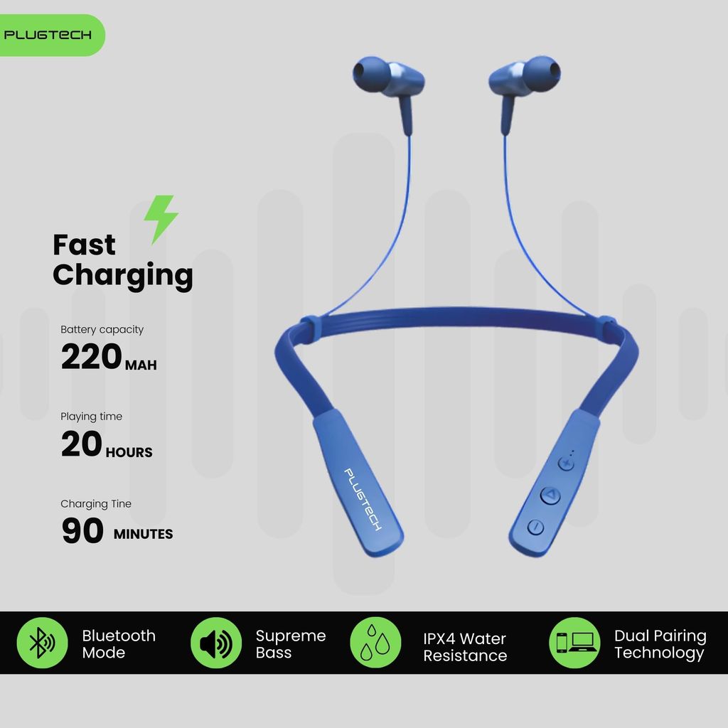 PLUGTECH Go Neck Pro Wireless Earphones. Bluetooth Earphones, Powerful Bass, HD Sound, Upto 15hrs Playtime, Charging Time Upto 4 hrs and Proudly Made in India Blue