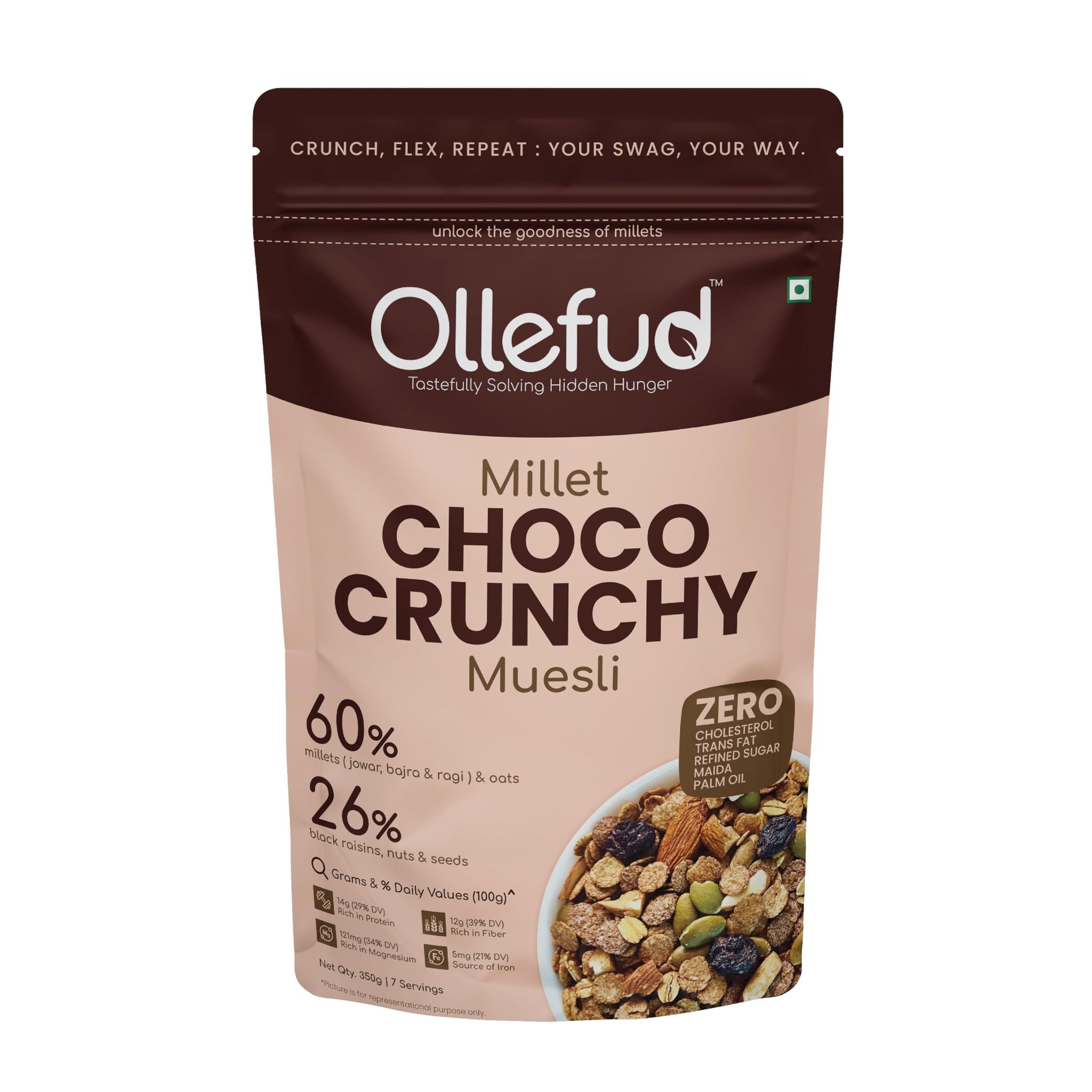 Ollefud Millet Choco Crunchy Muesli | 47% Millets | 26% (Fruits, Nuts & Seeds) | Protein, Fiber & Magnesium Rich | Iron & Zinc Source | No Refined Sugar