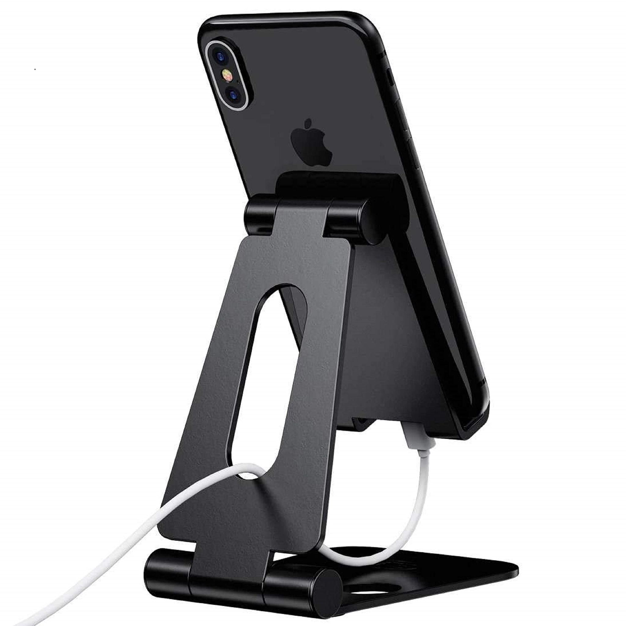 ELV Aluminum Adjustable Mobile Phone Foldable Holder Tabletop Stand, Dock Mount for All Smartphones, Tabs, Kindle, iPad (Black) Black / Pack of 1
