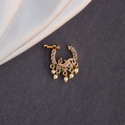American Diamond Moti Peacock Nose Screw-Green-White / Gold Plated