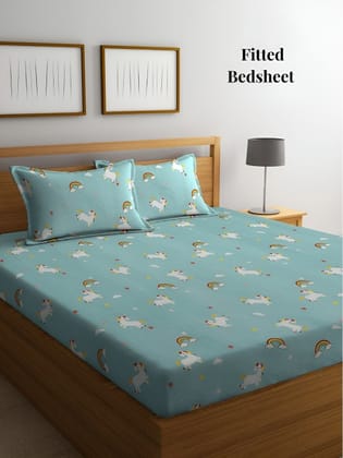Blue & White Cartoon Characters 300 TC Fitted King Bedsheet with 2 Pillow Covers